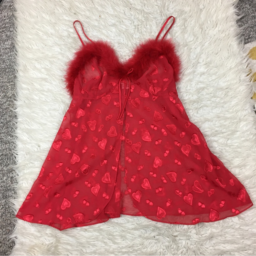 Valentines Day Slip Dress Chemise Nightgown Sheer Hearts Print Open Front Large